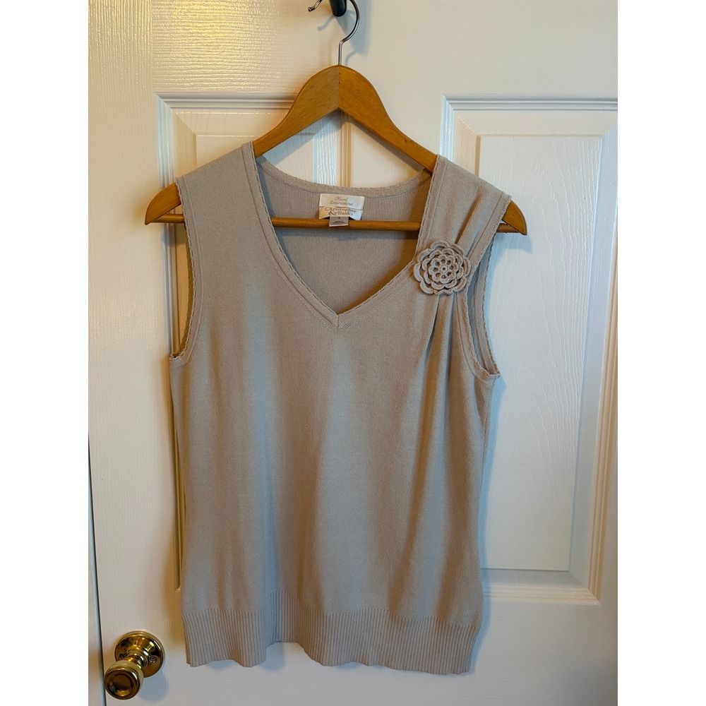 Christopher & Banks Tan Beige V-Neck Sweater Vest Crochet Flower Detail Small